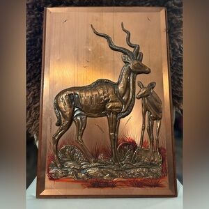 Vintage African Pure Copper Wall Art Panel • Antelope & Calf Relief • Collector